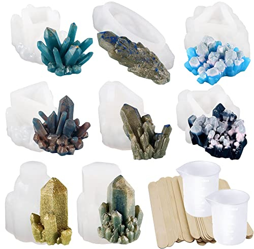 Allazone 30 PCS Silicone Moule pour Bijoux, 8 PCS Moules en Résine de Silicone Grappe de Cristal Moule Silicone Résine Époxy Bijoux pour Collier Porte-clés Artisanal, Décoration de La Maison