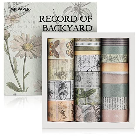 lyroiphic Vintage Washi Tape Set - 20 Rollen 5/10/15/20/25mm breit 6.56ft lang/Rolle Ästhetisches Washi Tape - Dekorative Bänder für Bullet Journaling, Scrapbooking-Zubehör (Rekord von Backyard)