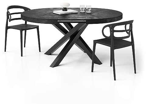 MOBILI FIVER, Table Ronde Extensible Emma, 120-160 cm, Noir Béton, avec Pieds Noirs croisés, pour 4-6 Personnes, Table Extensible pour Cuisine, Salon, Made in Italy