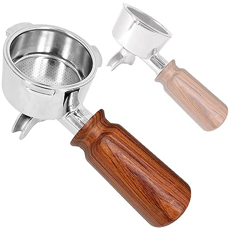 NEOUZA 51 mm Siebträger ohne Boden, kompatibel mit Swan Nordic Retro, Breville VCF149, Gevi, Oster Nova PrimaLatte Kaffeemaschinen, Doppelauslauf, kurzer Griff, Silber und Holz