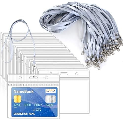 50pcs Silver Gray Lanyards for Neck with Clear Plastic ID Card Holders | Horizontal Sealable Waterproof Name Badge Holders with Nylon Lanyard for ID Cards Office School Bus Passes Doctors Visitors