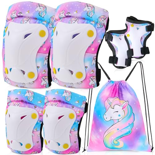 Unicorn Castle Rodilleras y Coderas de Unicornio para niños y niñas,Juego de Equipo de protección Ajustable 6 en 1 con Bolsa de cordón,3-8 años