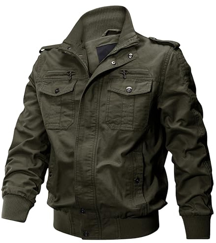 ZDJSWJ Män casual vindtät militär cargojacka flera fickor ståkrage bomber workwear, Militärgrön, XXL