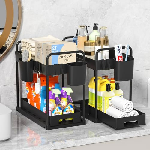 MQVXT organizer sottolavello cucina a 2 Livelli con 4 Ganci e 2 Bacinelle Sospese,Scorrevole Scaffale Sottolavello Portaoggetti,Estraibile Cassetti Organizer per Cucina Bagno,Nero
