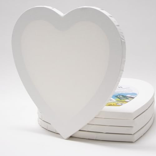 5er-Set Leinwand Canvas zum Bemalen in Herz-Form, 30x30cm. Leere, weiße Leinwand aus 100% Baumwolle ist umlaufend aufgespannt auf 16mm FSC® MDF-Rahmen, 280g/m², 2-fach weiß grundiert