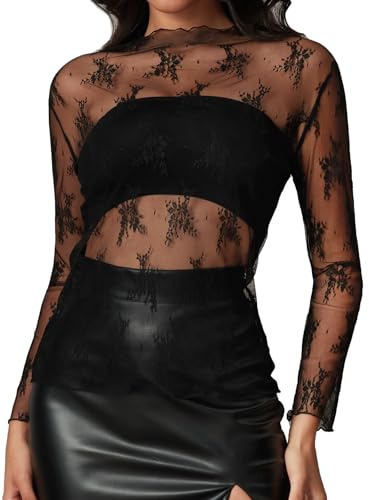 HAWILAND Haut en maille transparente pour femme - Haut en dentelle transparente - Tenue rave pour fête et club, Noir , S