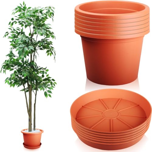Stimo 6X Blumentopf 34cm mit Untersetzer 30cm Pflanzkübel Terracotta Kunststoff Pflanztopf Rundtopf (Terrakotta)