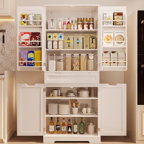 Gizoon 71 Tall Kitchen Pantry Cabinet with Doors and Adjustable Shelves, 5-Tier Multipurpose Pantry Storage Cabinet with Drawer Freestanding Organizer for Small Kitchen Bathroom Laundry Room, White