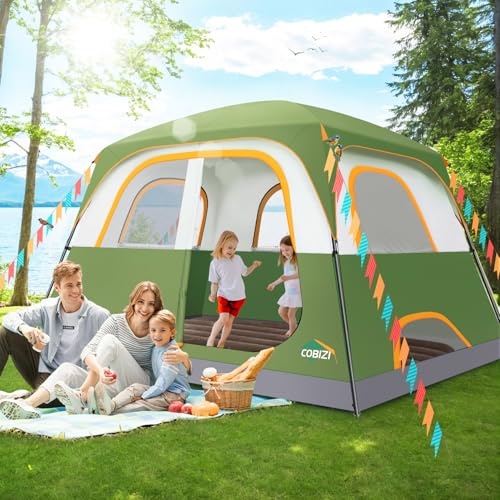 COBIZI Camping Tent, 6 Person Easy Setup Waterproof Windproof Backpacking Tent with Removable Rainfly, Lightweight Portable Outdoor Family Tents for Camping, Travel, Fishing, Hiking, Scouts (Green)