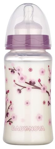 babynova 300 ml Babyflasche mit Anti-Kolik Sauger aus Silikon für Neugeborene – Babyflaschen ab 0 Monate – BPA-frei – Kirschblüte