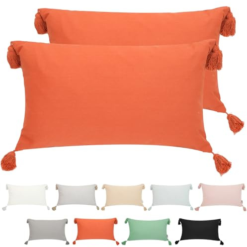Viste tu hogar Pack 2 Cojín Decoración 100% Algodón con Borlas, Cremallera Oculta, Tejido Suave y Transpirable, Estilo Bohemio Chic para Salón, Dormitorio o Terraza, Teja, 30X50CM