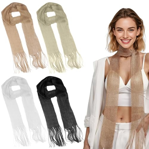 Kisstta Pack of 4 Long Thin Scarf with Fringes, Shiny Lace Scarf with Tassel, Thin Scarf for Women, Disco Accessory, Carnival Club Party Costume Dinner Party Neckwear, Colored 1, 1