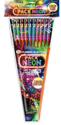 SPARKLERS CLUB Pack de 10 Pétards Fusées ÉLECTRON® NÉON - Effets Lumineux Vifs et Flashy - 20 mm - Portée 60 m - Catégorie F1 - Feux d?Artifice d?Extérieur