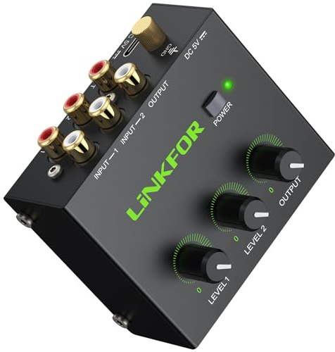 LiNKFOR 2-Channel RCA Audio Mixer - Powered Stereo Mixer with Independent & Master Volume Control Gold-Plated RCA Connectors, Compact Audio Mixer for Amplifiers and Speakers with Power Supply