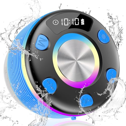 OYIB Bluetooth Shower Speaker, Portable Bluetooth Speaker 360° HD Sound, RGB Lights, IPX7 Waterproof Wireless Speaker with Suction Cup and Mic, Shower Radio for Party/Outdoor/Travel/Gifts/Sky Blue