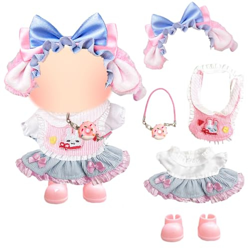 5 Pcs Doll Clothes for 17cm Dolls, 17 cm Pink Bunny Plush Doll Outfits Includes Headpiece + Pendant + Bib + Skirt + Shoes, Present for Girls Kids No Doll