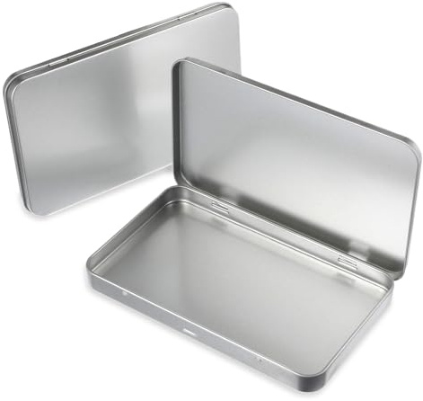 2 Pack Rectangular Metal Tin Box with Lid Metal Tins With Hinged Lid Portable Empty Box Container Storage Small Silver Storage Tin Case for Watercolor Jewelry Pen Eraser Pill Candy Craft Organize