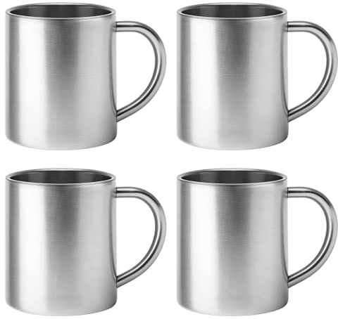 Aicharynic 4 Stück Edelstahl Kaffeebecher: 300ml Edelstahl Thermobecher, 304 Edelstahlbecher, Doppelwandige Isolierbecher, Tragbar Campingbecher, Kaffeetasse, BPA-frei, für Zuhause, Bar, Outdoor