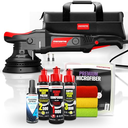Menzerna Set di lucidatura per auto | Lucidatrice eccentrica MZ-XR con piastra di supporto da 125 mm + 3 x 100ml lucidante + panni per lucidatura + sigillante spray | corsa 15mm 720W