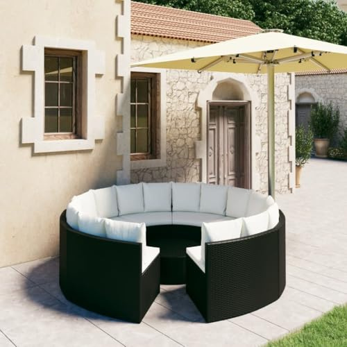 Kaloriko Ensemble de canapé de jardin, en polyrotin noir, en forme d'éventail, avec coussins blanc crème, pieds réglables, salon d'extérieur pour terrasse, balcon