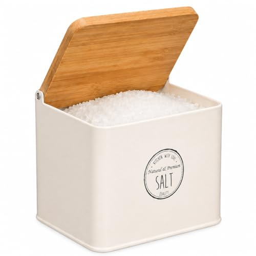 TIENDA EURASIA – Salero de Cocina con Tapa de Bambú | Recipiente para Sal | Diseño Moderno | 11x14x11 cm | Estructura Metálica | Tapa Abatible | Ideal para Cocina y Mesa (Crema)