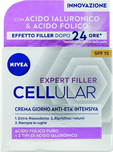 NIVEA CELLULAR EXPERT FILLER Crema Giorno Anti-Età Intensiva SPF 15 50ml, Crema viso antirughe rassodante, Crema viso Acido Ialuronico e Acido Folico Puro, Crema idratante viso anti-age