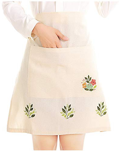 Love Potato Fashion Embroidered Beige Tea Apron, Housework Kitchen Half Waist Aprons for Women with Pocket, 22.4 x 21.2 Inches
