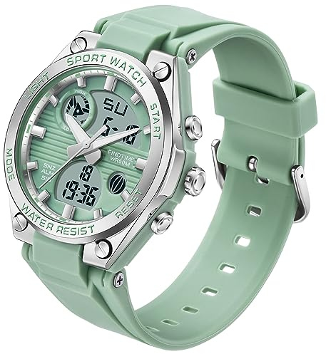 findtime Reloj digital deportivo para mujer, reloj de pulsera para mujer, resistente al agua, hora dual, fecha, retroiluminación luminosa, alarma semanal, cronómetro, verde, Pulsera
