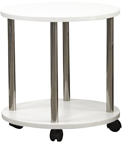 BAKAJI Mesa de Centro de salón con 4 Ruedas Carro de Madera MDF Blanco de café diseño mínimo Muebles de Almacenamiento Mueble de salón Cocina baño Doble Estante estantes (Redondo)