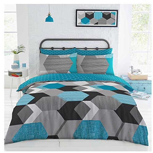 Lions 4 Piece Bedding Set with Fitted Sheet - Double Duvet Cover Sets + Matching Pillowcases, Reversible Geometric Quilt Covers, Soft Poly Cotton Printed Shapes Bed Linen, Blue