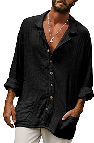 Camicia casual da uomo con bottoni, in cotone e lino, da spiaggia, estiva, leggera, vestibilità larga, colletto Kent con tasca, Nero , XL