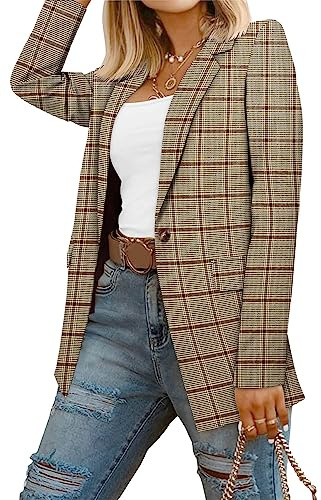 CRAZY GRID Women Business Casual Blazer Jacket Long Sleeve Fashion Blazer Ladies Buttons Work Professional Suit Jacket Oversized 2XL Brown Plaid