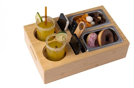 Couchbar aus Bambu Holz, Couchbar Snackbox, Praktischer Sofa Tablett mit Zwei Snackschalen Organizer Soßenteller und Flaschenhalter mit abnehmbarem, Geschenke für Männer und Frauen