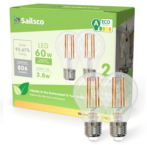 sailsco Clase A E27 LED Bombilla Blanco Cálido 3.8W 2700K 806 Lumen,A60 Filamento Bombilla de Ahorro de Energía 60W Lámpara Incandescente de Repuesto,No Regulable LED Bombillas de Vidrio,2 piezas