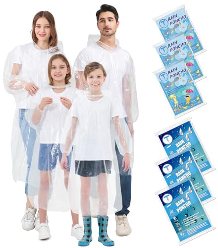 TUNCHMO Disposable Rain Ponchos for Adults & Kids Family 6 Pack Extra Thick