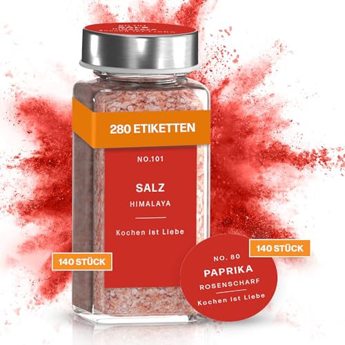 MS.EMMA Gewürzetiketten selbstklebend und wasserfest (280 Stück) - Gewürzaufkleber in 10 vielfältigen Farben. Gewürze Etiketten minimalistisch und modern (Chilirot)