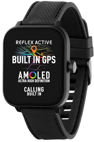 Reflex Active Series 44 Amoled Smart Watch för män kvinnor med inbyggd GPS, IP68 vattentät, sportlägen, stegräknare, sömnskärm, dubbeltidsdisplay och svart silikonrem för iOS Android