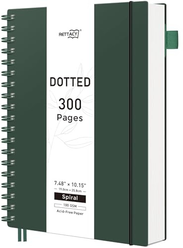 RETTACY Dotted Journal Notebook, 300 Pages, B5 Medium Size (7.4'' × 10''), 100 GSM Thick Paper, Flexible Plastic Cover, Spiral-bound, for Journaling, Planning, Tracking (Deep Green)