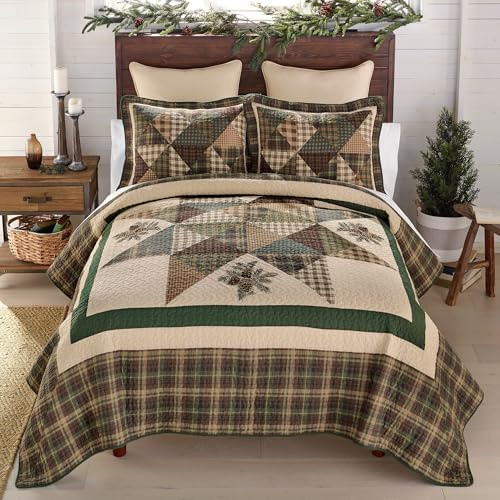 Donna Sharp Pine Star Pieced Embroidered Cotton Quilted Bedding Set - 3-Piece King Size Quilt Set - Includes 1 Quilt and 2 Pillow Shams - Machine Washable - Perfect for Rustic Decor