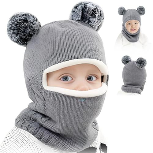 RoserRose Baby Wintermütze Kindermützen Winter, Kinder Schlupfmütze Jungen und Mädchen Schalmütze, Winddicht Kälteschutz Strickmütze Warm Beanie Mit Bommel für Kinder Baby 2-7 Jahre, Grau