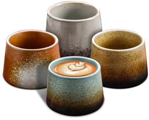 WIYETY Lot de 4 tasses à expresso rétro en céramique faites à la main 190 ml - Petites tasses à expresso à paroi épaisse pour expresso, moka, macchiato, thé (céramique grossière)