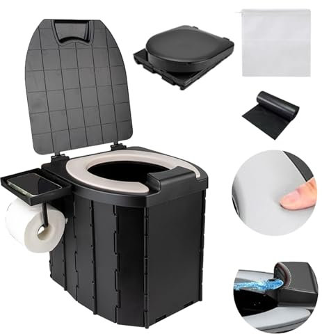 Tragbare Campingtoilette mit Deckel,Tragfähigkeit Ca. 400 Kg,mit 5 Stück Toilettenbeutel Und Eine Aufbewahrungstasche,mit Papierrollenhalter und Telefonablage Ideal für Camping,Wandern, Reisen,Angeln