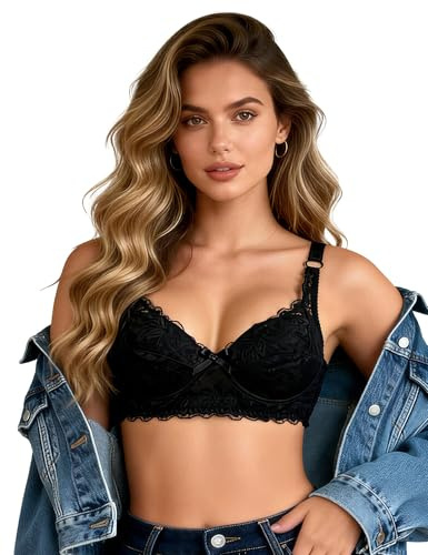 ohyeahlady Soutiens-Gorge Femme Dentelle Sexy avec Armature Grande Taille Soutiens-Gorge Classiques Push Up Rembourré Soutien Gorge Emboitant Bralette Coton Brassiere Sport Maintien Fort FR 115C,Noir