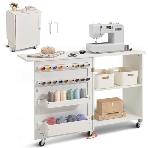 VEVOR klappbarer Nähtisch Mehrzweck Nähmaschinentisch mit Rollen & Regalen & Ablagefächern & Holzstiften & magnetischen Türen, Nähmaschine weiß (1170 x 400 x 778 mm)