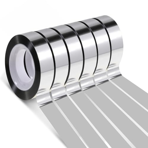 6 Rolls Silver Metallic Tape, 1/2 Inch Decorative Tape Self Adhesive Wall Molding Trim Silver Mirror Tapes DIY Graphic Art Film Tapes for Wall Decor TV Frame Crafts Decoration and Gift Box Wrapping