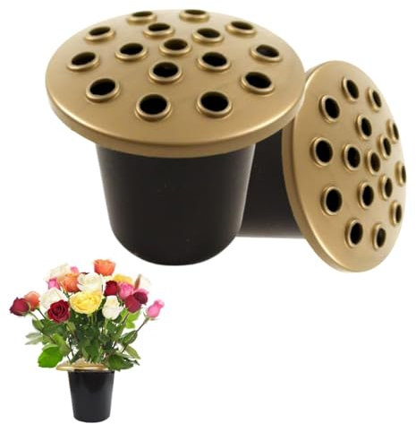 Grave Flower Holders with Golden lid pack of 2, Memorial Vases for Graves Strong Plastic Grave Flower Pots Insert in Grave-side, Grave Vase for Grave Decorations