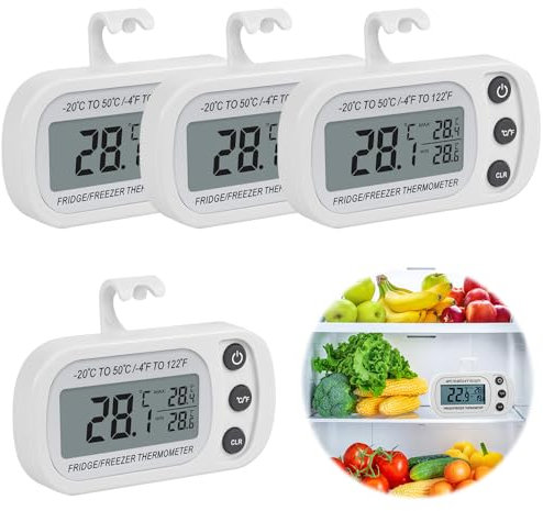Fridge Thermometer Digital, Afenau 4Pcs Fridge Freezer Thermometer with Hook, LCD Display, Min/Max °C/°F Function, Refrigerator Thermome-ter for Kitchen, Home