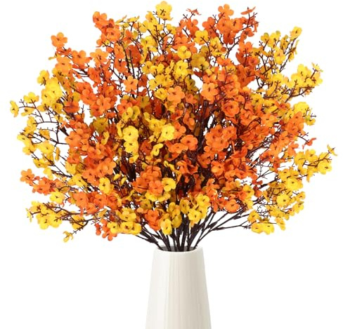 UXORSN Paquete de 10 Flores Artificiales de Otoño Naranja y Amarillo para Bebés Flore Falsas de Seda Gypsophila Tallos de Flores Arreglo Floral para Jarrón Boda Mesa Fiesta Decoración Otoñal