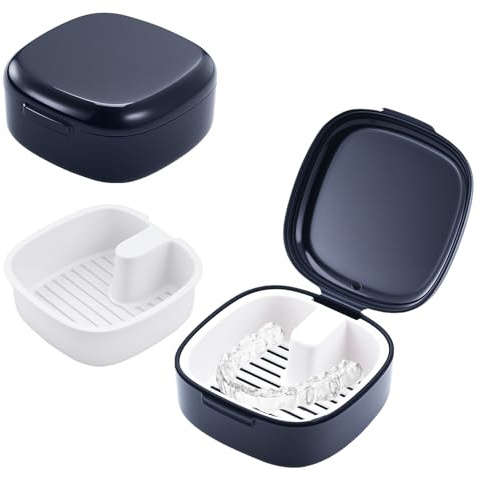 Holtrae Caja de prótesis con colador, caja de dentaduras portátil,con Cesta de Enjuague Extraíble,para para soporte,para remojar y almacenar dentaduras postizas y otras piezas bucales (Azul)