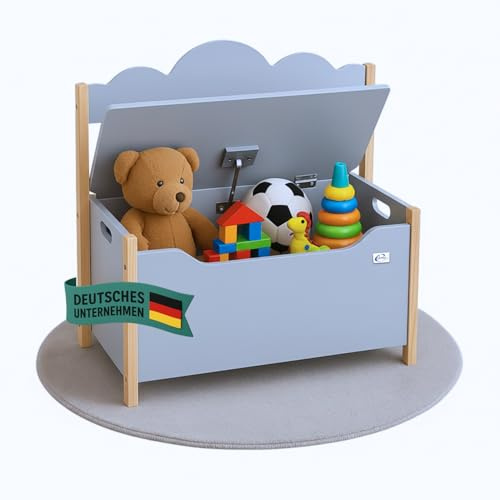 Coemo Spielzeugtruhe mit Sitzbank, Grau, Holztruhe Trudi 60×26×55 cm